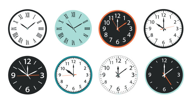 Variety of analog clock faces showing different times and styles including roman numerals, modern designs, and diverse color combinations.