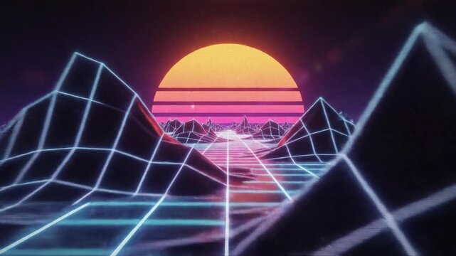 Vibrant abstract retro background featuring eighties and nineties synthwave aesthetic with glowing multi-colored neon lines over a stylized digital dawn or sunset horizon landscape.