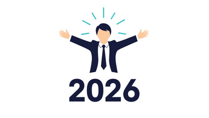 A simple graphic icon showing a successful businessman with arms outstretched in celebration above the year 2026, symbolizing future achievements and goals.