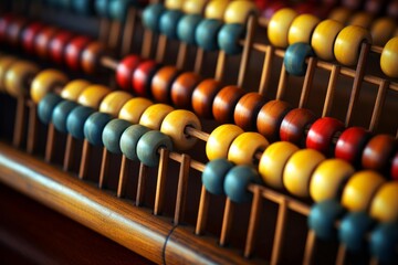 Wooden abacus with colorful beads representing calculation, learning, and arithmetic