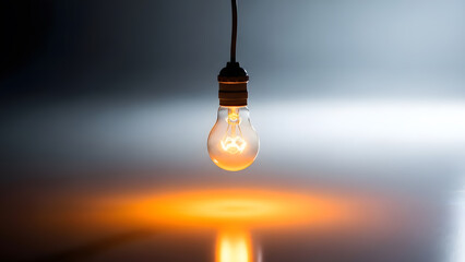 A glowing incandescent light bulb hangs, illuminating the darkness with a warm orange light
