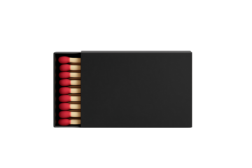 Open black matchbox with red wooden matches for fire safety and danger concept isolated on transparent background