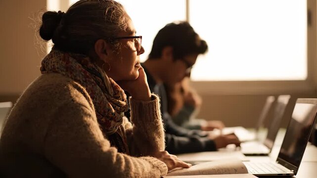 Woman student using laptop for education and learning. Classroom study shows notebook and concentration. Adult student focused on study. Quietly attentive study atmosphere. Hands type on keyboard.