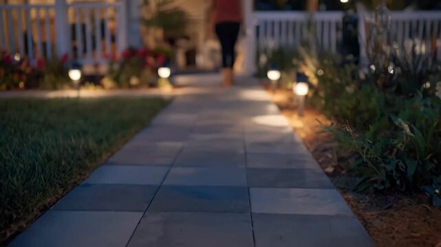 Sensoractivated solar pathway lights lighting up a backyard path as a person approaches showcasing smart outdoor sustainability.
