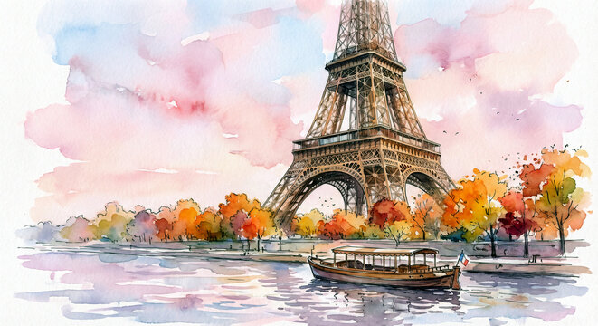 Eiffel tower landmark in paris overlooking river seine with boat during autumn