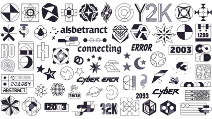 A diverse collection of abstract geometric logos, symbols, and text elements, featuring futuristic and retro-futuristic designs.