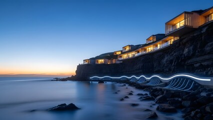 Modern cliffside resort with glowing rooms at dusk by ocean with integrated wave-energy harvesters,
