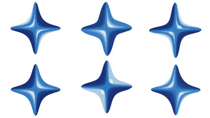 Obraz premium Six shimmering blue four-pointed star shapes arranged in two rows of three against a white background.