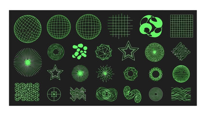 A collection of abstract geometric and organic shapes rendered in a vibrant neon green against a dark background, showcasing a variety of digital art elements. © nabila