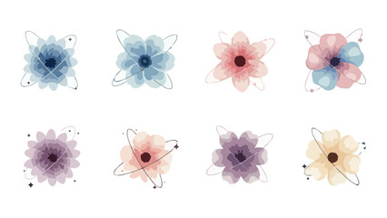 A collection of eight watercolor floral illustrations with a subtle atomic or orbital motif. © Adit