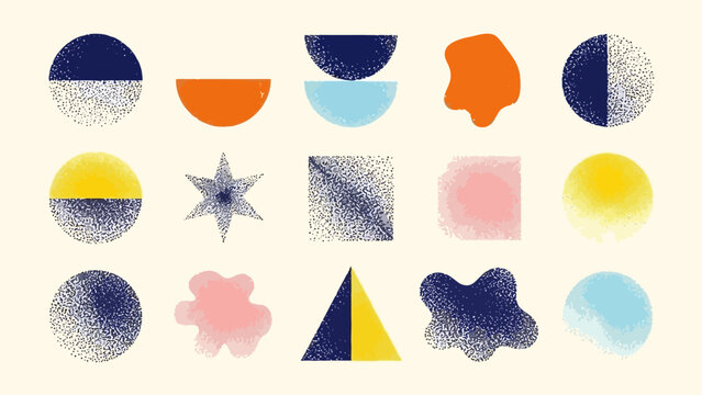 A collection of abstract geometric shapes and organic blobs with a textured, grainy effect, arranged in a grid.