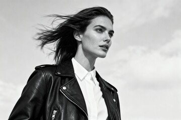 Woman in leather jacket with windblown hair