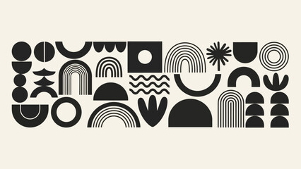 Obraz premium Abstract geometric composition featuring a minimalist arrangement of organic shapes and arches in black and beige.