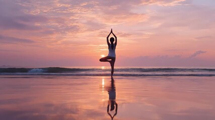 Woman practicing yoga at sunrise on a serene beach promoting mental clarity and physical wellness in a peaceful health retreat setting.