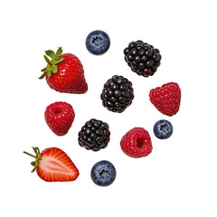 Floating Fresh Mixed Berries Isolated on Black Background, Generative AI