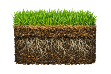 Cross section of green grass with deep roots and soil layers revealing healthy growth, isolated with transparent background