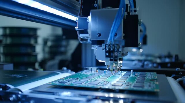 Robot machine assembles circuit board in factory with automated technology. PCB production with robot placing components. Machine assembles board in factory. Robot works on circuit manufacturing.
