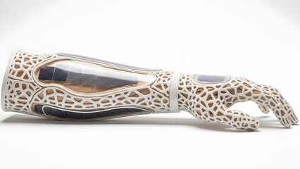 Advanced prosthetic arm with intricate lattice structure and metallic components