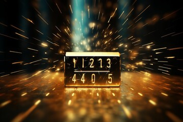 Golden numerical display showing figures in a dark setting with radiating light and sparks