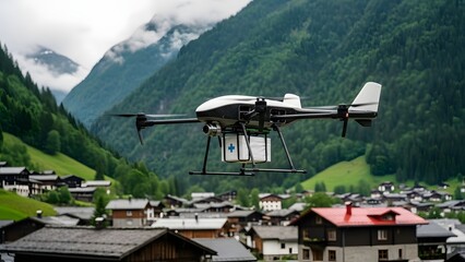 Medical drone flying over village in mountains with cargo