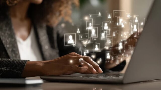 Closeup medium shot of a woman actively typing in a virtual chat room connecting with peers and exchanging insights on a professional networking site.