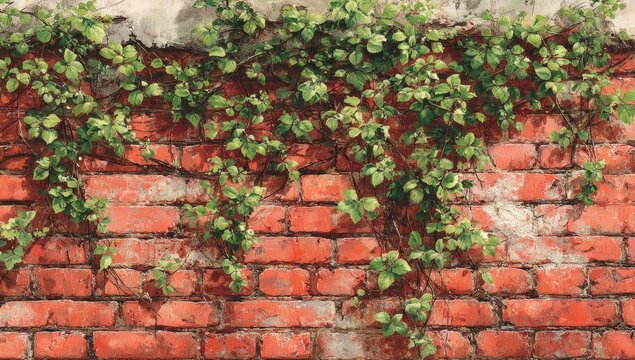 Close-up of red brick wall with green vines and leaves - Powered by Adobe