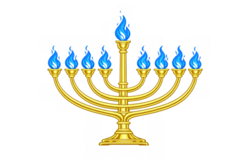 Golden hanukkah menorah with blue flames celebrating the jewish festival of lights, transparent background