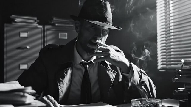 Cinematic portrait of a mysterious hardboiled detective wearing a trench coat and fedora hat, standing in a dark noir setting with dramatic shadows and moody atmospheric lighting.