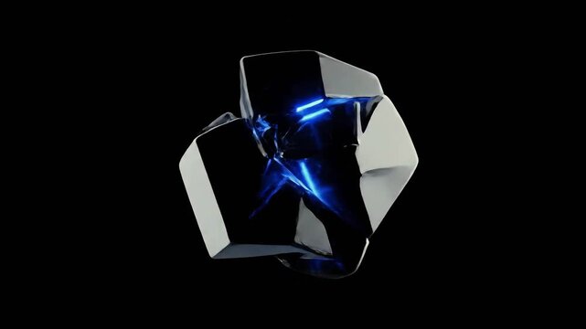 A 3D geometric object with glowing blue lines rotating in a dark environment