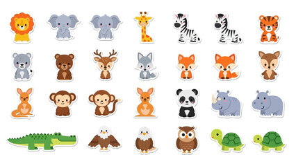 Fototapeta premium A vibrant collection of 28 adorable cartoon animal illustrations, featuring a diverse range of creatures from lions and elephants to pandas and crocodiles, presented against a clean white background.