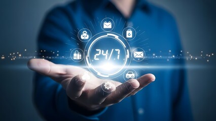 A person presenting a 24 7 service concept with glowing icons