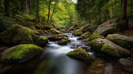Obraz premium Serene Mountain Stream Flowing Through Lush Forest with Mossy Rocks in Autumn Colors and Gentle Water Movement Enhancing Nature's Tranquility and Beauty