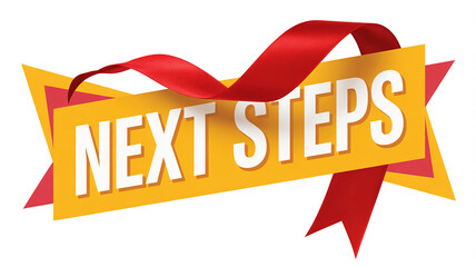 Yellow banner with white text NEXTSTEPS and red ribbon on white background