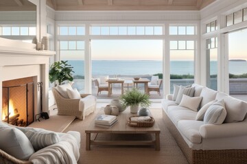 Fototapeta premium Elegant living room featuring an ocean view, fireplace, and comfortable, stylish decor