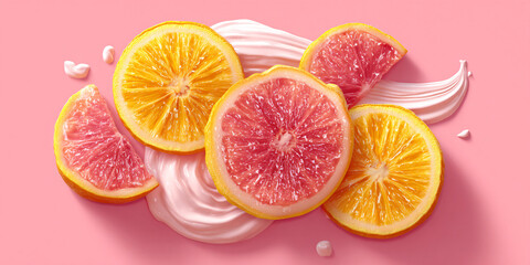 Vibrant citrus slices of orange and grapefruit artfully arranged with creamy swirls on a pastel pink background, concept of freshness and skincare
