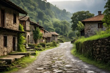 Stone houses line a rustic cobblestone road winding through a serene mountain village