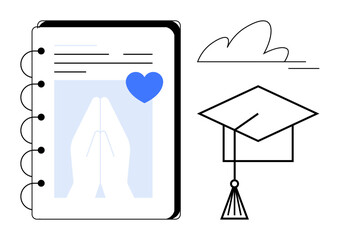 Education, spirituality, academic achievement, goals, aspirations, personal growth. Image of a graduation cap, notebook with praying hands icon. Education and spirituality concept