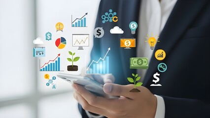 Businessman using smartphone with financial and growth icons