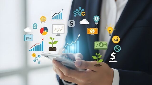 Businessman using smartphone with financial and growth icons - Powered by Adobe