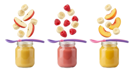 Baby Food Jars with Flying Fruit Ingredients and Spoons - Healthy Eating Concept