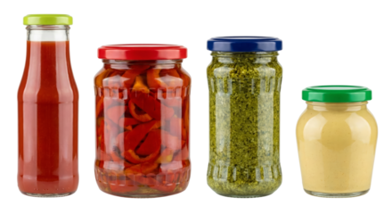 Assorted Jars of Preserved Food: Ketchup, Peppers, Pesto, Mustard