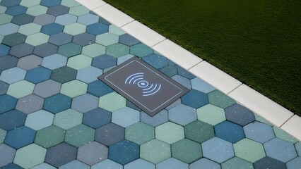 Smart home device on modern hexagonal tile floor with wireless charging