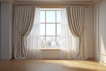 Fototapeta premium Elegant room with a large window and luxurious drapes overlooks a city.