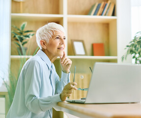 Portrait of a mature senior woman a businesswoman working from home having a meeting online, home office, or a student learning, or mature woman surfing net shopping or reading