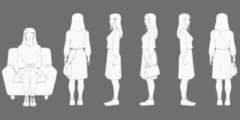Line art illustration of women in various poses and outfits