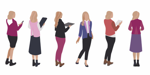 A collection of stylized female figures in various professional attire