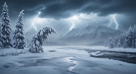 Snowy landscape with frozen river and lightning storm over mountains in the background at dusk with winter and weather and nature and dramatic