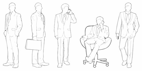 Line art illustration of businessmen in suits with varying poses and activities