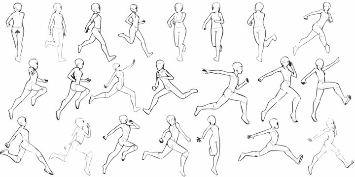 Collection of running human figures in various dynamic poses sketched in black and white