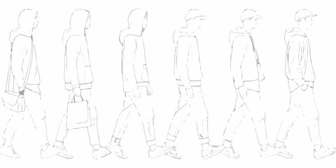 Line art illustration of six people in casual clothing viewed from the side